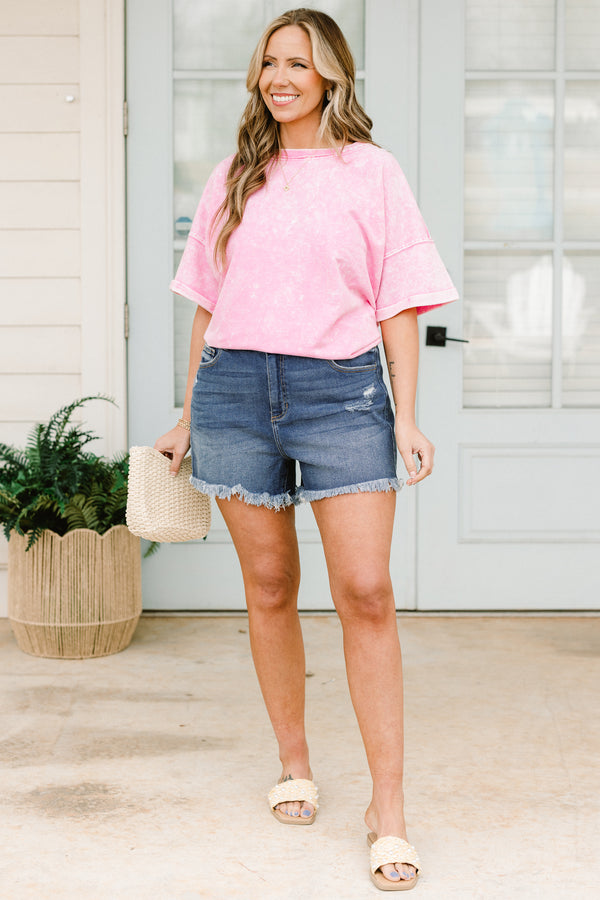 Chic Soul plus size clothing, dark wash denim shorts with raw cut hem with pockets and light distressing