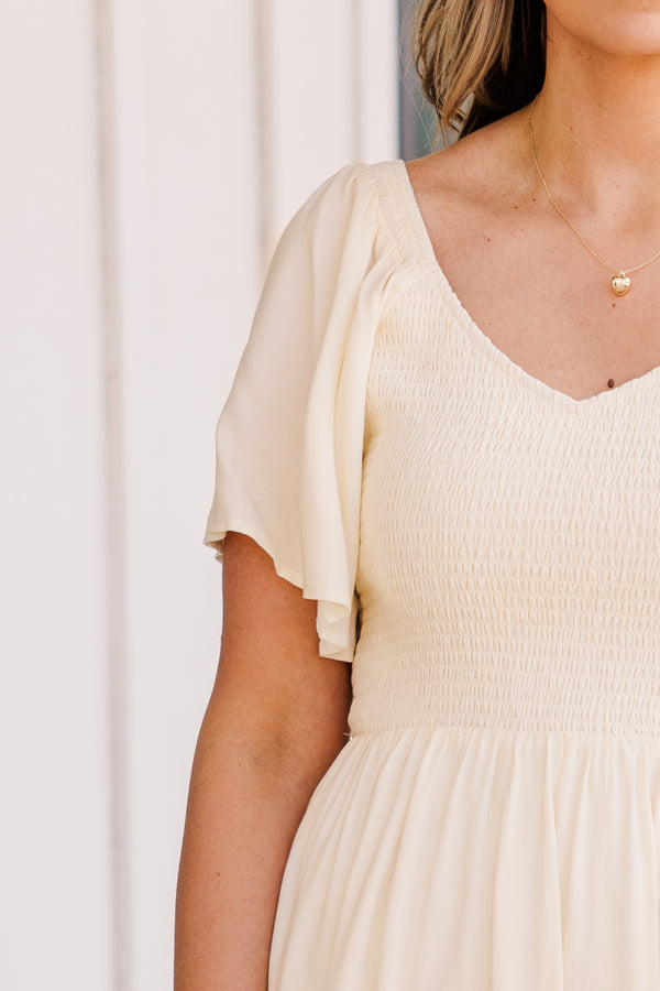 Chic Soul plus size clothing, short sleeve cream midi dress with smocked bodice and v-neckline