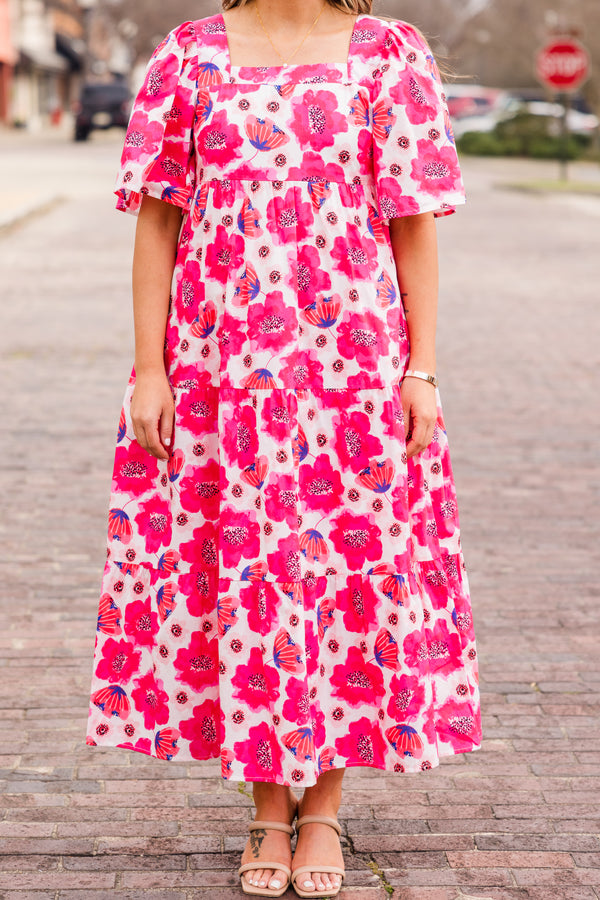 Chic Soul plus size clothing, pink floral print maxi dress with short puff sleeves