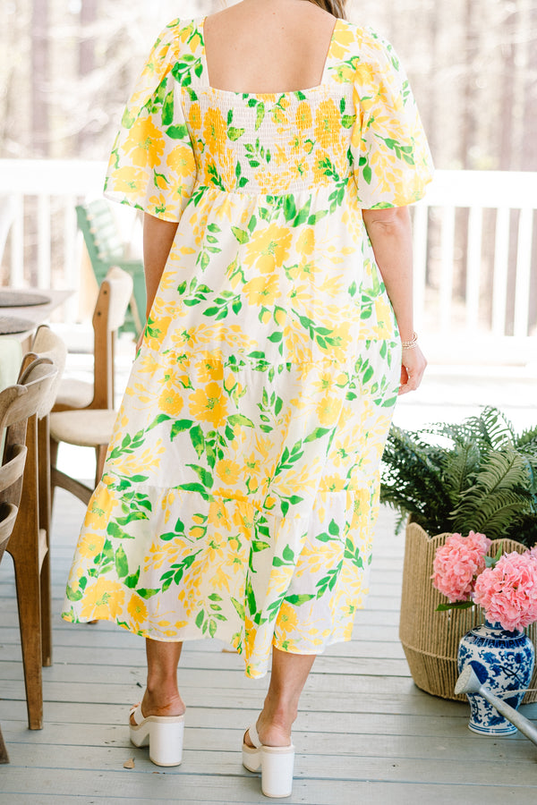Chic soul plus size clothing, yellow short sleeve maxi dress with floral print and square neck line 