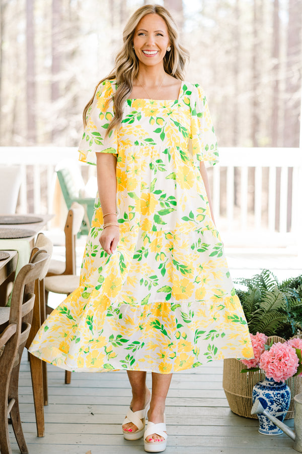 Chic soul plus size clothing, yellow short sleeve maxi dress with floral print and square neck line 