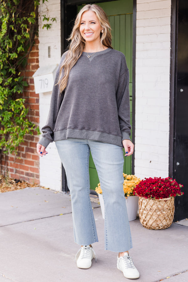 Chic Soul plus size clothing, long-sleeve gray comfy ribbed top with high-scoop-neckline 