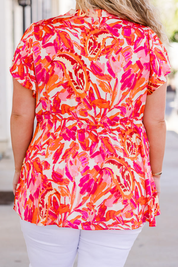 Chic Soul plus size clothing, short-sleeve pink baby doll top with v-neckline and orange and pink floral pattern