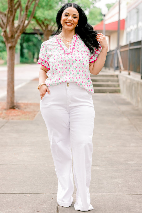 Chic Soul plus size clothing, white wide leg high rise jeans with two button closure