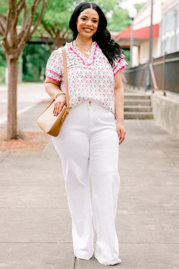 Chic Soul plus size clothing, white wide leg high rise jeans with two button closure