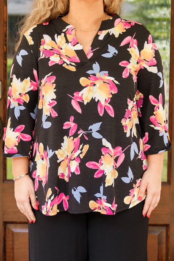 Chic Soul plus sized clothing, black multi colored floral top with a v neckline
