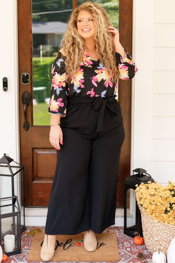 Chic Soul plus sized clothing, black multi colored floral top with a v neckline