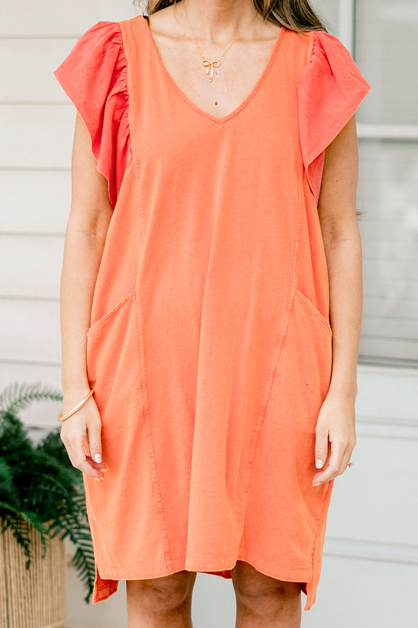 Chic Soul plus size clothing, short orange dress with flutter sleeves and two side pockets