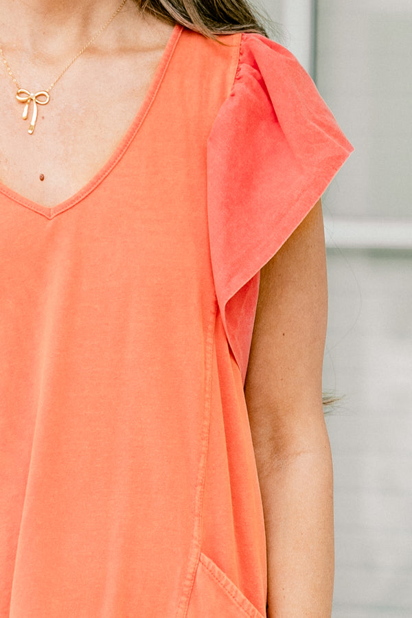 Chic Soul plus size clothing, short orange dress with flutter sleeves and two side pockets