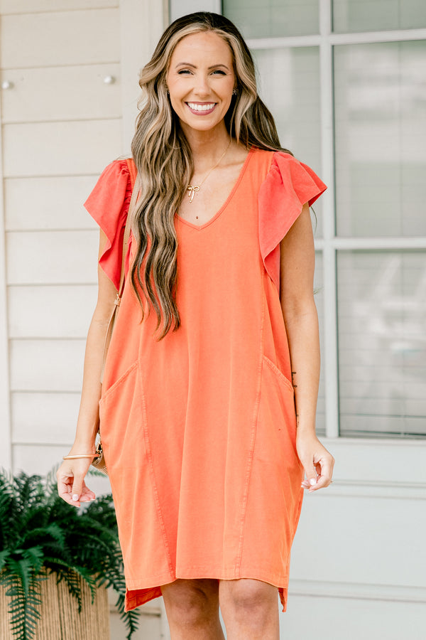 Chic Soul plus size clothing, short orange dress with flutter sleeves and two side pockets