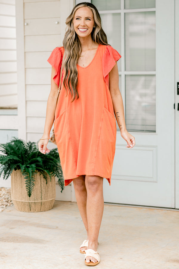 Chic Soul plus size clothing, short orange dress with flutter sleeves and two side pockets