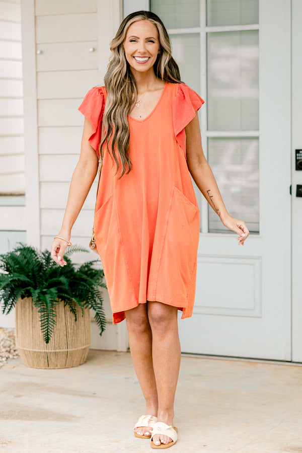Chic Soul plus size clothing, short orange dress with flutter sleeves and two side pockets