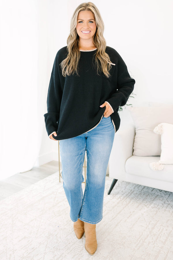 Chic Soul plus size clothing, black long sleeve sweater with front chest pocket and cream outlining on the hem, collar, and pocket