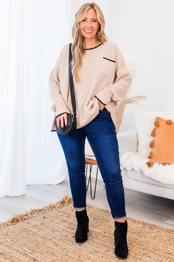 Chic Soul plus size clothing, long sleeve ribbed taupe sweater with chest pocket with black trim and round neckline with black trim with black trim along sleeves