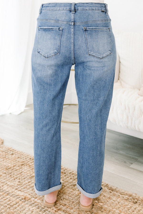 Chic Soul plus size clothing, light/medium wash denim jeans wide leg with hole on one knee with light distressing with cuff bottom