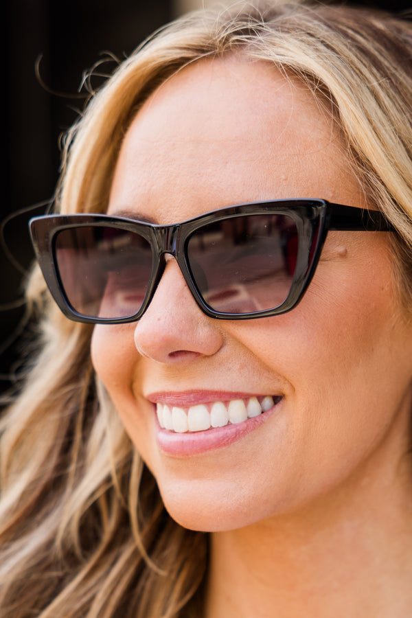 Chic Soul plus size clothing, thick black cat-eye square sunglasses with black shading