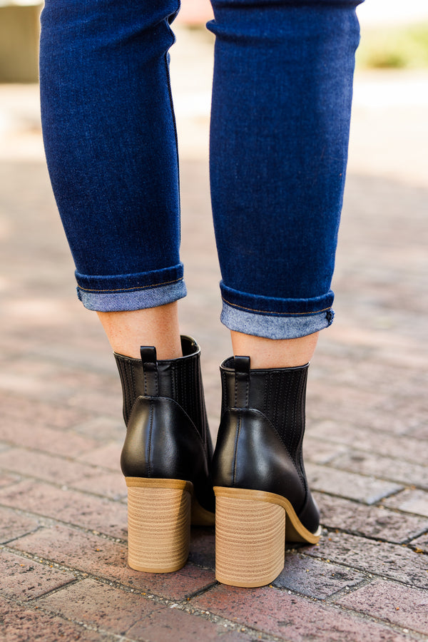 Chic Soul plus size clothing, black shiny booties with pointed toe and side zipper detail with wooden heel and bottom