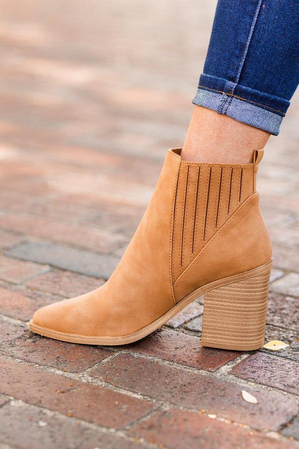 Chic Soul plus size clothing, coffee colored heel booties with wooden block heel and zipper detail on inside