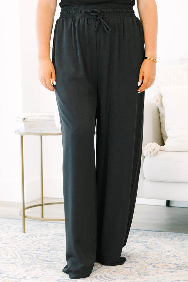 Chic Soul plus size clothing, black flowy straight leg pants with drawstring waistband