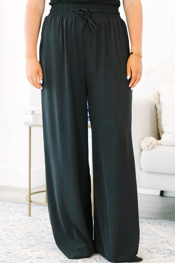 Chic Soul plus size clothing, black flowy straight leg pants with drawstring waistband