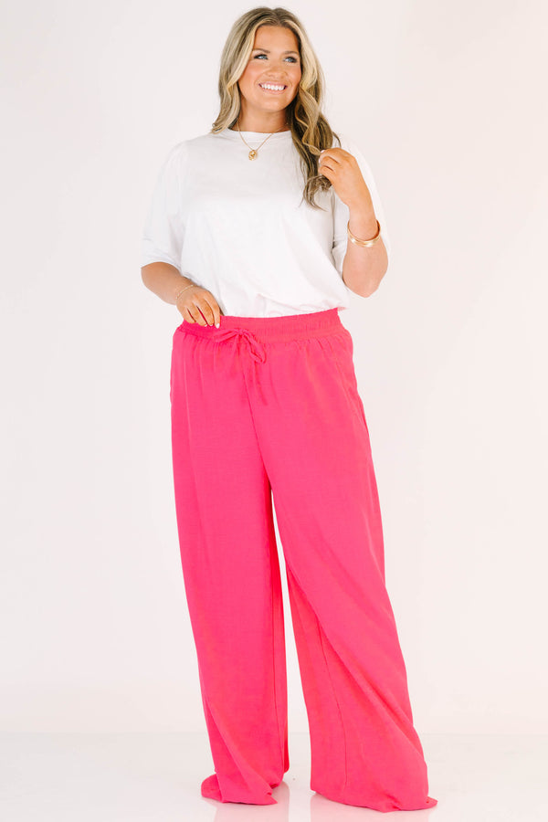 Chic Soul plus size clothing, hot pink wide leg flowy pants with stretchy tie waistband 