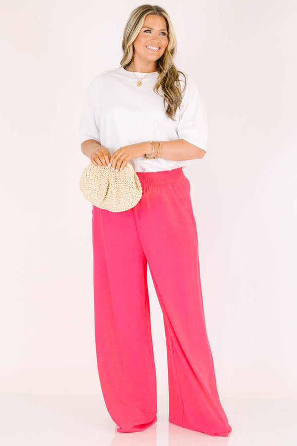 Chic Soul plus size clothing, hot pink wide leg flowy pants with stretchy tie waistband 