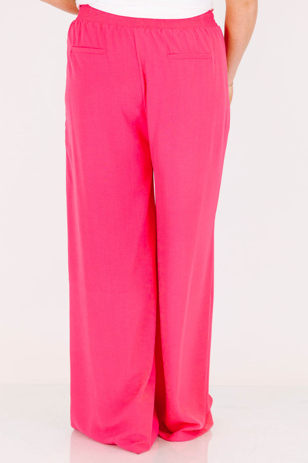 Chic Soul plus size clothing, hot pink wide leg flowy pants with stretchy tie waistband 