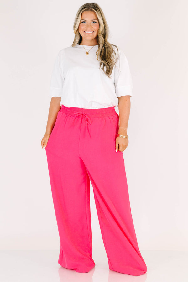 Chic Soul plus size clothing, hot pink wide leg flowy pants with stretchy tie waistband 