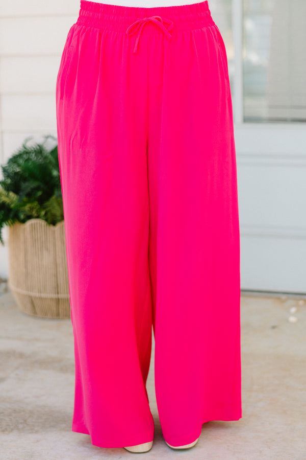 Chic Soul plus size clothing, hot pink wide leg flowy pants with stretchy tie waistband 