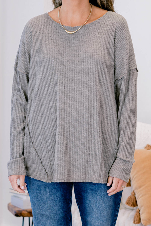 Chic Soul plus size clothing, heather grey long sleeve ribbed top