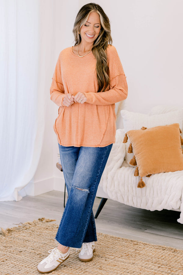 Chic Soul plus size clothing, orange long sleeve waffle knit crew neck top with scoop hemline