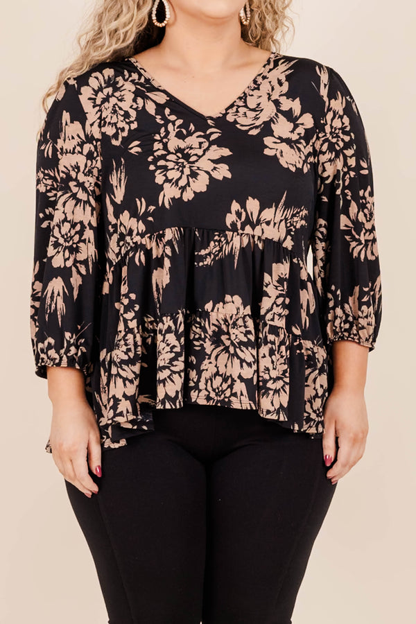 Chic Soul plus size clothing, black multicolored floral babydoll style blouse with a v neckline