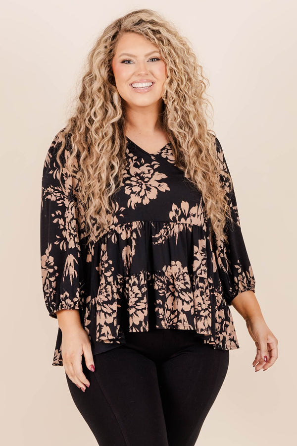 Chic Soul plus size clothing, black multicolored floral babydoll style blouse with a v neckline