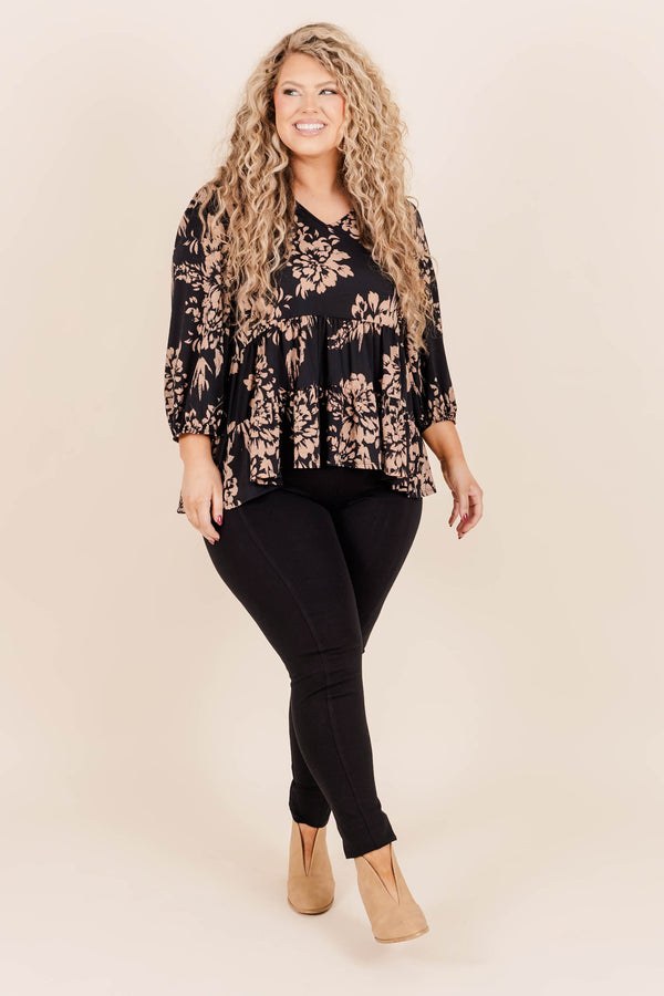 Chic Soul plus size clothing, black multicolored floral babydoll style blouse with a v neckline