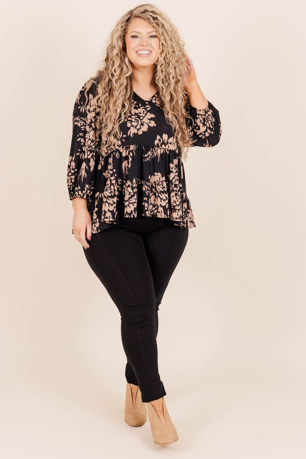 Chic Soul plus size clothing, black multicolored floral babydoll style blouse with a v neckline