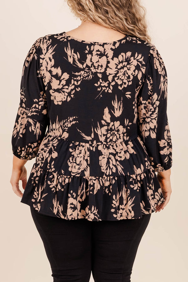 Chic Soul plus size clothing, black multicolored floral babydoll style blouse with a v neckline