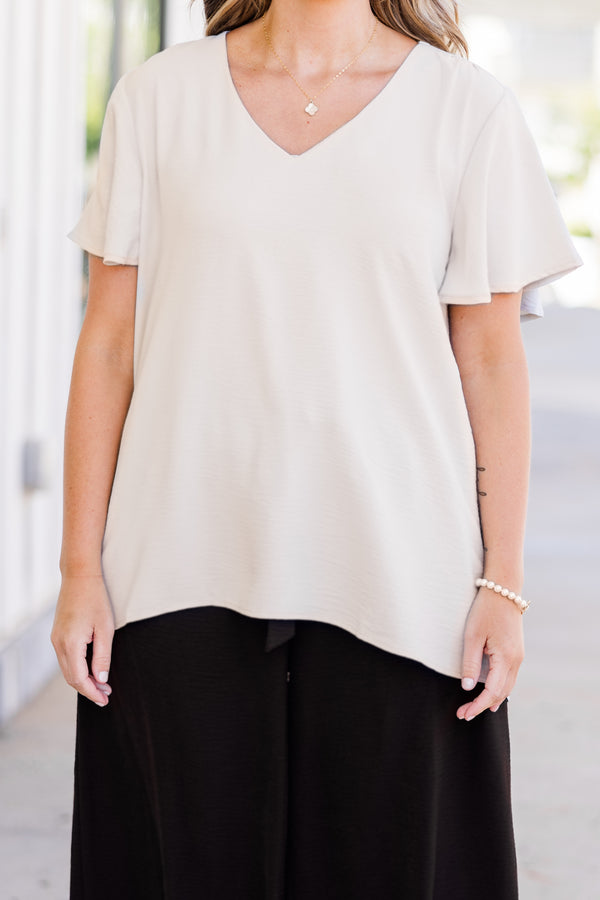 Chic Soul plus size clothing, short-sleeve sand beige top with flutter short-sleeve and v-neckline 