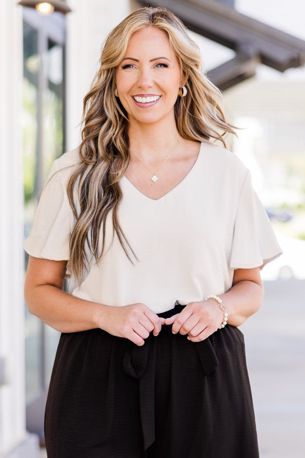 Chic Soul plus size clothing, short-sleeve sand beige top with flutter short-sleeve and v-neckline 
