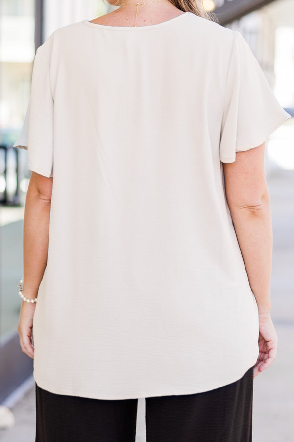 Chic Soul plus size clothing, short-sleeve sand beige top with flutter short-sleeve and v-neckline 