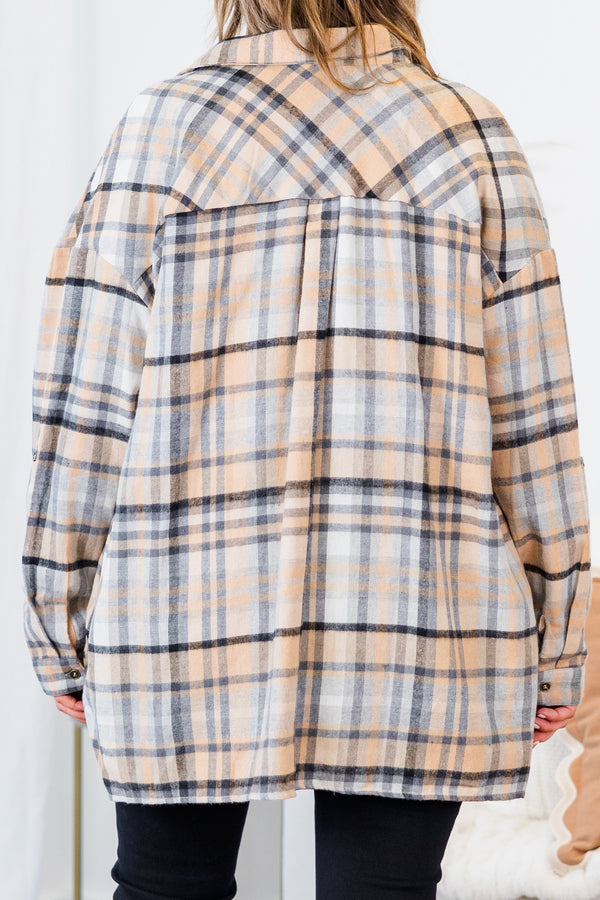 Chic Soul plus size clothing, long-sleeve taupe grey and black plaid shacket with collar and brown button detailing 