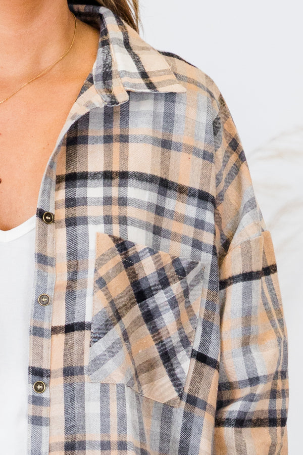 Chic Soul plus size clothing, long-sleeve taupe grey and black plaid shacket with collar and brown button detailing 