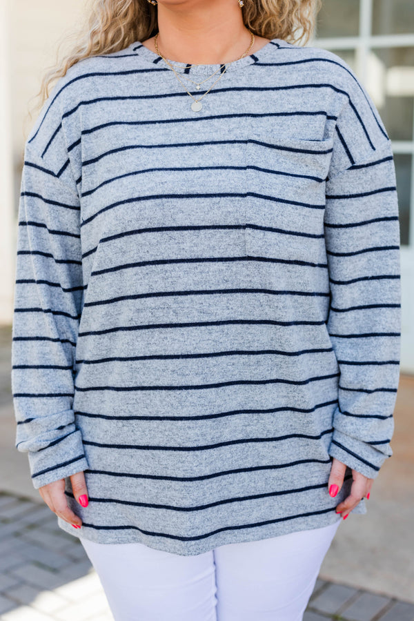 Chic Soul plus size clothing, heather grey long sleeve top with black horizontal stripes