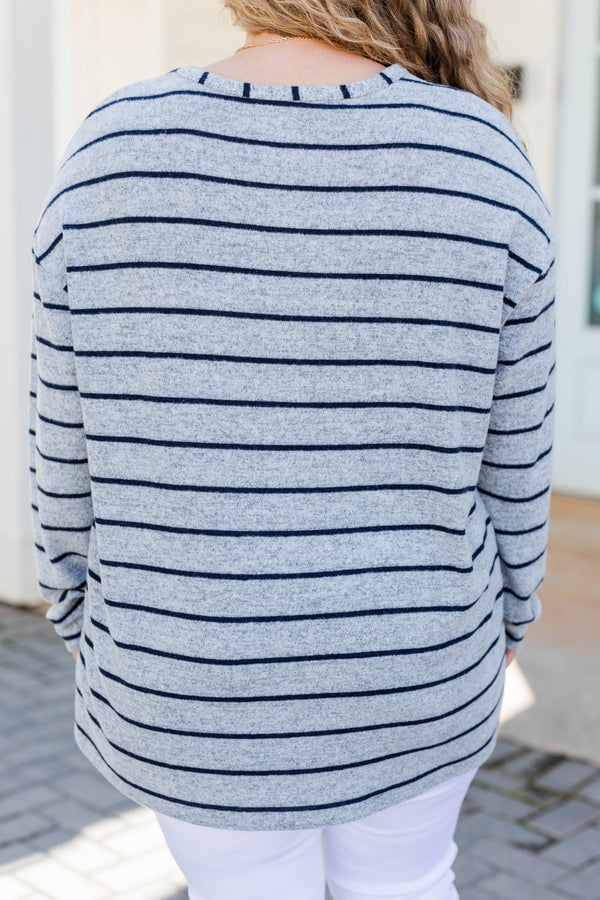 Chic Soul plus size clothing, heather grey long sleeve top with black horizontal stripes