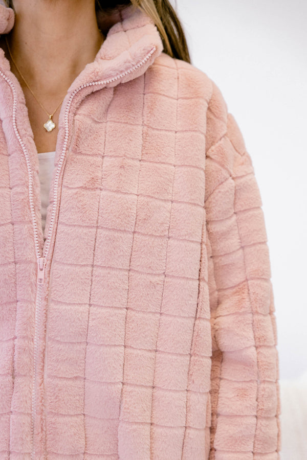Chic Soul plus size clothing, light pink faux fur quilted zip up jacket