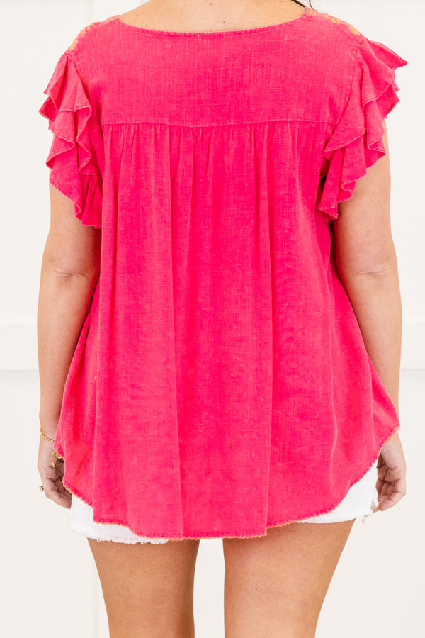 Chic Soul plus size clothing, short-flutter-sleeve hot pink top with a split-v-neckline and an orange embroidered floral design on the neckline 