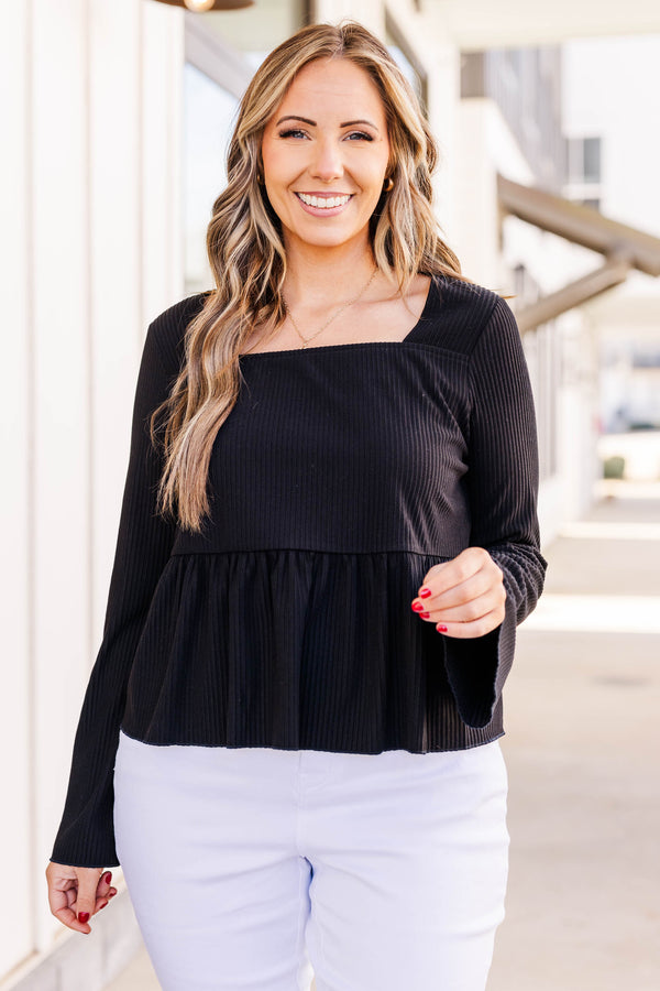Chic Soul plus size clothing, black ribbed long sleeve babydoll top with square neckline