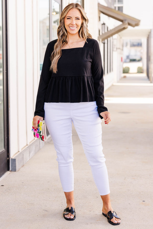 Chic Soul plus size clothing, black ribbed long sleeve babydoll top with square neckline