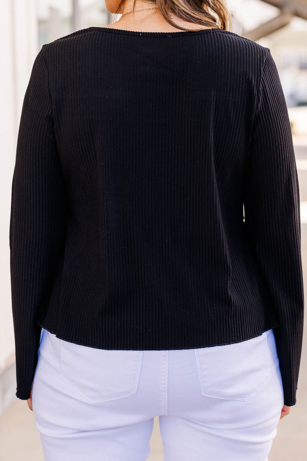 Chic Soul plus size clothing, black ribbed long sleeve babydoll top with square neckline