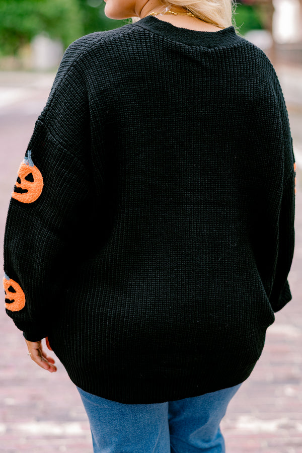 Chic Soul plus size clothing, black long sleeve button down cardigan sweater with orange jack o' lantern print