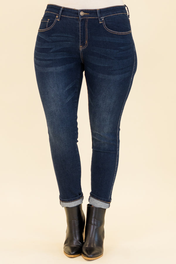 Chic Soul plus size clothing, dark wash skinny jeans with zip fly and button closure